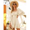 imageEXLURA Womens 2025 Casual Long Lantern Sleeve Dresses Square Neck Ruffle Tie Back Elastic Waist Aline Short Mini DressApricot