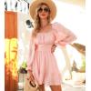 imageEXLURA Womens 2025 Casual Long Lantern Sleeve Dresses Square Neck Ruffle Tie Back Elastic Waist Aline Short Mini DressBaby Pink