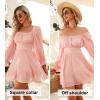 imageEXLURA Womens 2025 Casual Long Lantern Sleeve Dresses Square Neck Ruffle Tie Back Elastic Waist Aline Short Mini DressBaby Pink