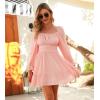 imageEXLURA Womens 2025 Casual Long Lantern Sleeve Dresses Square Neck Ruffle Tie Back Elastic Waist Aline Short Mini DressBaby Pink