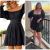 imageEXLURA Womens 2025 Casual Long Lantern Sleeve Dresses Square Neck Ruffle Tie Back Elastic Waist Aline Short Mini DressBlack