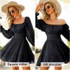 imageEXLURA Womens 2025 Casual Long Lantern Sleeve Dresses Square Neck Ruffle Tie Back Elastic Waist Aline Short Mini DressBlack