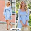 imageEXLURA Womens 2025 Casual Long Lantern Sleeve Dresses Square Neck Ruffle Tie Back Elastic Waist Aline Short Mini DressBlue