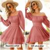 imageEXLURA Womens 2025 Casual Long Lantern Sleeve Dresses Square Neck Ruffle Tie Back Elastic Waist Aline Short Mini DressBrown