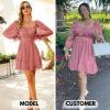 imageEXLURA Womens 2025 Casual Long Lantern Sleeve Dresses Square Neck Ruffle Tie Back Elastic Waist Aline Short Mini DressBrown