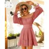 imageEXLURA Womens 2025 Casual Long Lantern Sleeve Dresses Square Neck Ruffle Tie Back Elastic Waist Aline Short Mini DressBrown