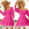 imageEXLURA Womens 2025 Casual Long Lantern Sleeve Dresses Square Neck Ruffle Tie Back Elastic Waist Aline Short Mini DressHot Pink