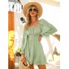 imageEXLURA Womens 2025 Casual Long Lantern Sleeve Dresses Square Neck Ruffle Tie Back Elastic Waist Aline Short Mini DressLight Green