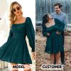 imageEXLURA Womens 2025 Casual Long Lantern Sleeve Dresses Square Neck Ruffle Tie Back Elastic Waist Aline Short Mini DressPeacock Blue