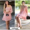 imageEXLURA Womens 2025 Casual Long Lantern Sleeve Dresses Square Neck Ruffle Tie Back Elastic Waist Aline Short Mini DressPink