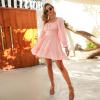 imageEXLURA Womens 2025 Casual Long Lantern Sleeve Dresses Square Neck Ruffle Tie Back Elastic Waist Aline Short Mini DressPink