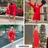 imageEXLURA Womens 2025 Casual Long Lantern Sleeve Dresses Square Neck Ruffle Tie Back Elastic Waist Aline Short Mini DressRed