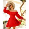 imageEXLURA Womens 2025 Casual Long Lantern Sleeve Dresses Square Neck Ruffle Tie Back Elastic Waist Aline Short Mini DressRed