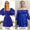 imageEXLURA Womens 2025 Casual Long Lantern Sleeve Dresses Square Neck Ruffle Tie Back Elastic Waist Aline Short Mini DressRoyal Blue