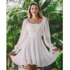 imageEXLURA Womens 2025 Casual Long Lantern Sleeve Dresses Square Neck Ruffle Tie Back Elastic Waist Aline Short Mini DressWhite