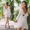 imageEXLURA Womens 2025 Casual Long Lantern Sleeve Dresses Square Neck Ruffle Tie Back Elastic Waist Aline Short Mini DressWhite