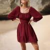 imageEXLURA Womens 2025 Casual Long Lantern Sleeve Dresses Square Neck Ruffle Tie Back Elastic Waist Aline Short Mini DressWine Red