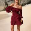 imageEXLURA Womens 2025 Casual Long Lantern Sleeve Dresses Square Neck Ruffle Tie Back Elastic Waist Aline Short Mini DressWine Red