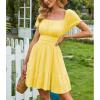 imageEXLURA Womens 2025 Summer Short Puff Sleeve Casual Short Mini Dresses Tie Back Square Neck ALine SundressGolden Yellow