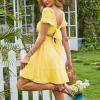 imageEXLURA Womens 2025 Summer Short Puff Sleeve Casual Short Mini Dresses Tie Back Square Neck ALine SundressGolden Yellow
