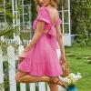 imageEXLURA Womens 2025 Summer Short Puff Sleeve Casual Short Mini Dresses Tie Back Square Neck ALine SundressHot Pink