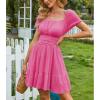 imageEXLURA Womens 2025 Summer Short Puff Sleeve Casual Short Mini Dresses Tie Back Square Neck ALine SundressHot Pink