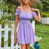 imageEXLURA Womens 2025 Summer Short Puff Sleeve Casual Short Mini Dresses Tie Back Square Neck ALine SundressLilac Purple