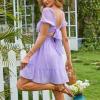imageEXLURA Womens 2025 Summer Short Puff Sleeve Casual Short Mini Dresses Tie Back Square Neck ALine SundressLilac Purple