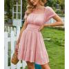 imageEXLURA Womens 2025 Summer Short Puff Sleeve Casual Short Mini Dresses Tie Back Square Neck ALine SundressPink