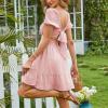 imageEXLURA Womens 2025 Summer Short Puff Sleeve Casual Short Mini Dresses Tie Back Square Neck ALine SundressPink