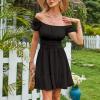 imageEXLURA Womens 2025 Summer Short Puff Sleeve Casual Short Mini Dresses Tie Back Square Neck ALine SundressShort Sleeveblack