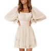 imageEXLURA Womens 2025 Casual Long Lantern Sleeve Dresses Square Neck Ruffle Tie Back Elastic Waist Aline Short Mini DressApricot