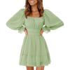 imageEXLURA Womens 2025 Casual Long Lantern Sleeve Dresses Square Neck Ruffle Tie Back Elastic Waist Aline Short Mini DressLight Green