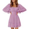 imageEXLURA Womens 2025 Casual Long Lantern Sleeve Dresses Square Neck Ruffle Tie Back Elastic Waist Aline Short Mini DressLight Purple