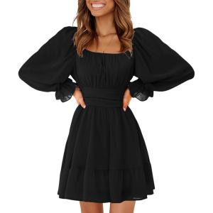 imageEXLURA Womens 2025 Casual Long Lantern Sleeve Dresses Square Neck Ruffle Tie Back Elastic Waist Aline Short Mini DressBlack