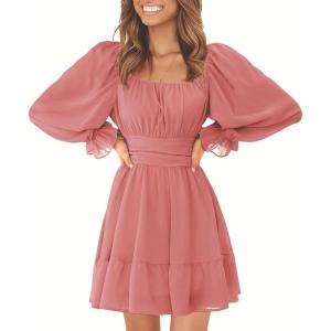 imageEXLURA Womens 2025 Casual Long Lantern Sleeve Dresses Square Neck Ruffle Tie Back Elastic Waist Aline Short Mini DressBrown