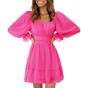 imageEXLURA Womens 2025 Casual Long Lantern Sleeve Dresses Square Neck Ruffle Tie Back Elastic Waist Aline Short Mini DressHot Pink