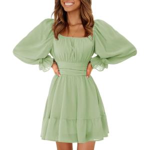imageEXLURA Womens 2025 Casual Long Lantern Sleeve Dresses Square Neck Ruffle Tie Back Elastic Waist Aline Short Mini DressLight Green