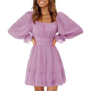 imageEXLURA Womens 2025 Casual Long Lantern Sleeve Dresses Square Neck Ruffle Tie Back Elastic Waist Aline Short Mini DressLight Purple
