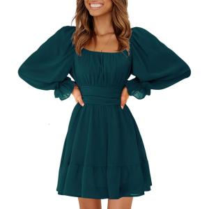 imageEXLURA Womens 2025 Casual Long Lantern Sleeve Dresses Square Neck Ruffle Tie Back Elastic Waist Aline Short Mini DressPeacock Blue