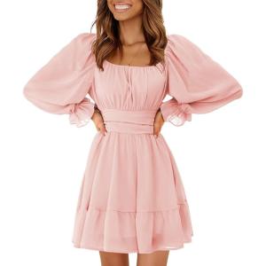 imageEXLURA Womens 2025 Casual Long Lantern Sleeve Dresses Square Neck Ruffle Tie Back Elastic Waist Aline Short Mini DressPink