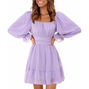 imageEXLURA Womens 2025 Casual Long Lantern Sleeve Dresses Square Neck Ruffle Tie Back Elastic Waist Aline Short Mini DressPurple