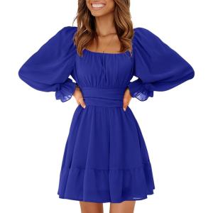 imageEXLURA Womens 2025 Casual Long Lantern Sleeve Dresses Square Neck Ruffle Tie Back Elastic Waist Aline Short Mini DressRoyal Blue