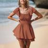 imageEXLURA Womens 2025 Summer Ruffle Short Sleeve Tie Back Romper Dress Square Neck A Line Cute Dressy Short JumpsuitsBrown