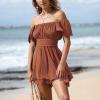 imageEXLURA Womens 2025 Summer Ruffle Short Sleeve Tie Back Romper Dress Square Neck A Line Cute Dressy Short JumpsuitsBrown