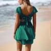 imageEXLURA Womens 2025 Summer Ruffle Short Sleeve Tie Back Romper Dress Square Neck A Line Cute Dressy Short JumpsuitsDark Green