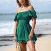 imageEXLURA Womens 2025 Summer Ruffle Short Sleeve Tie Back Romper Dress Square Neck A Line Cute Dressy Short JumpsuitsDark Green