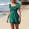imageEXLURA Womens 2025 Summer Ruffle Short Sleeve Tie Back Romper Dress Square Neck A Line Cute Dressy Short JumpsuitsDark Green
