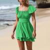 imageEXLURA Womens 2025 Summer Ruffle Short Sleeve Tie Back Romper Dress Square Neck A Line Cute Dressy Short JumpsuitsGreen