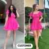 imageEXLURA Womens 2025 Summer Ruffle Short Sleeve Tie Back Romper Dress Square Neck A Line Cute Dressy Short JumpsuitsHot Pink